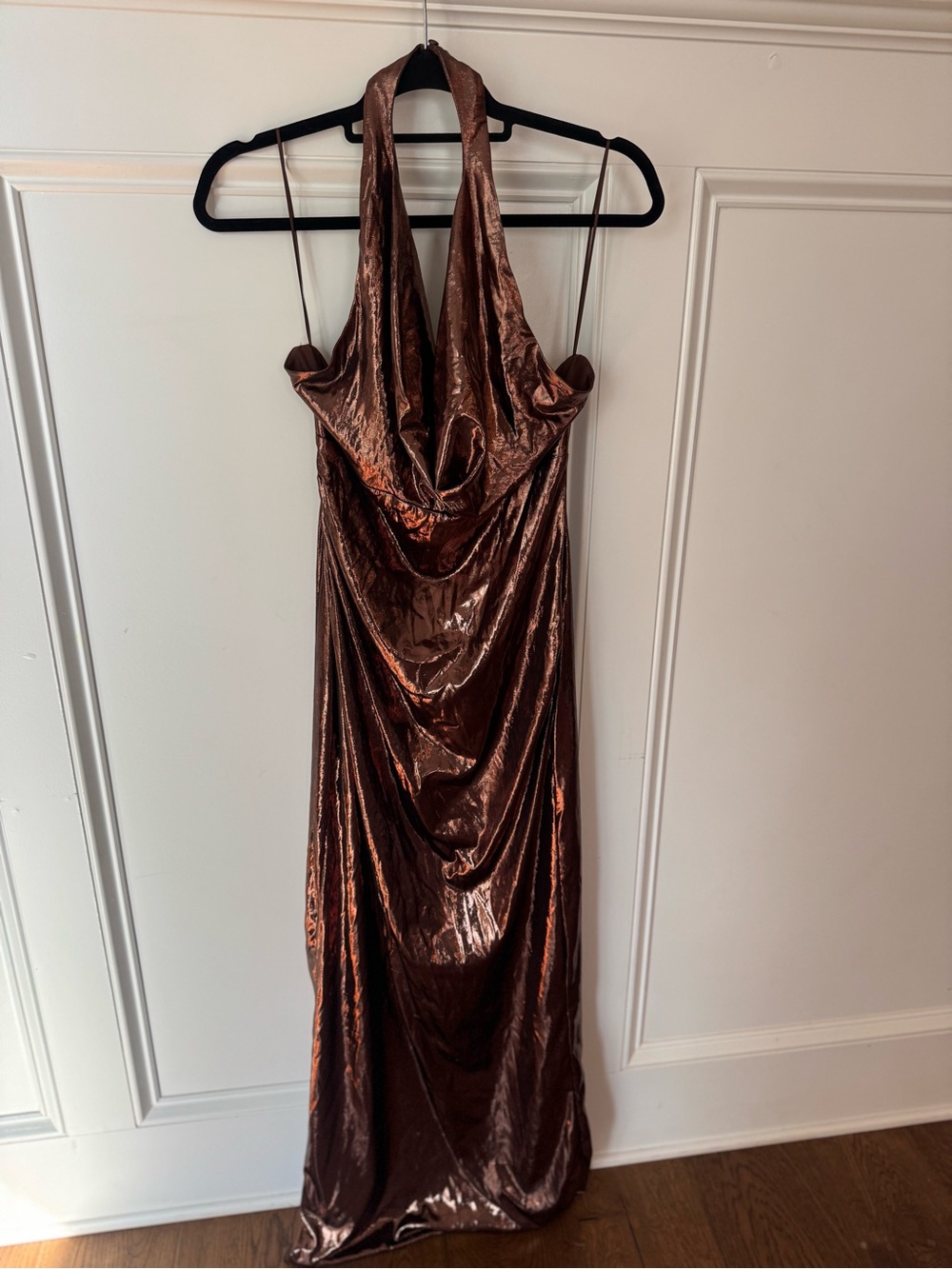Revolve Metallic Copper Halter Cowl Maxi Dress